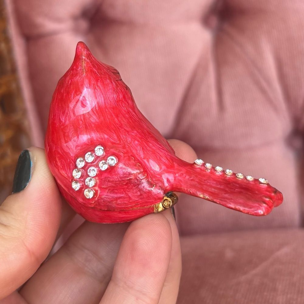 ❤️ Jeweled Cardinal Trinket Box | Red Enamel Rhinestone Bird Hinged Keepsake - Picture 5 of 5